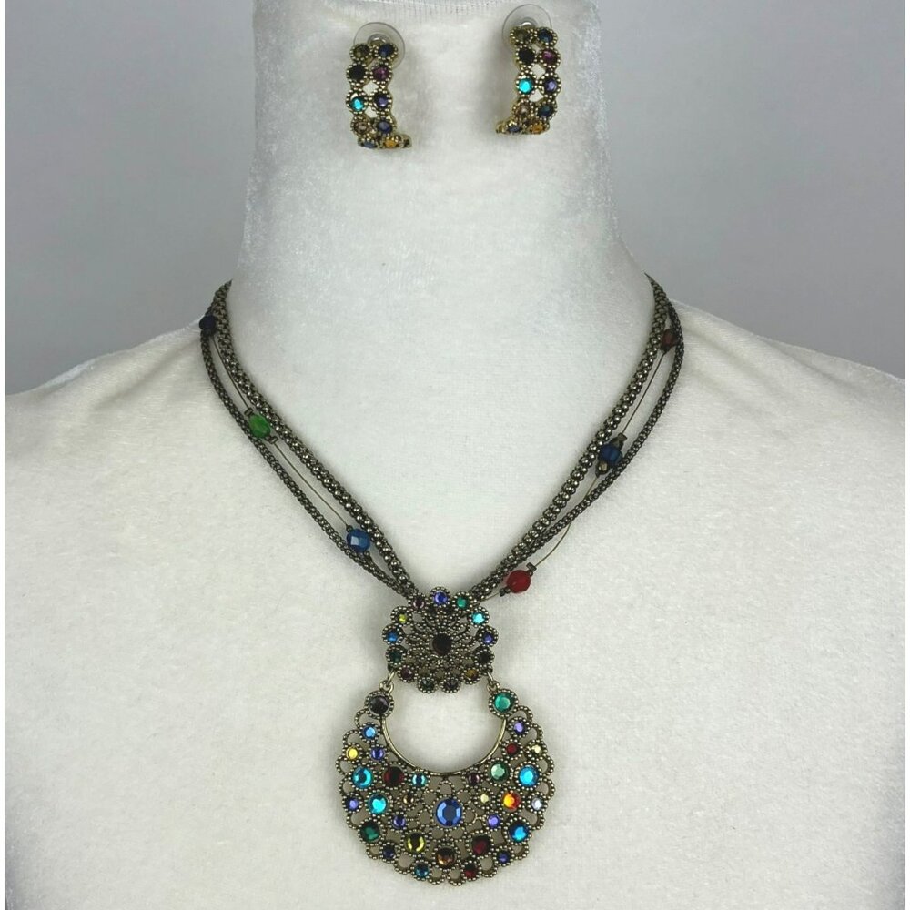 Gold Tone Multicolor Rhinestone Statement Necklace & Cuff Earrings